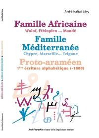 Famille africaine-wolof-éthiopien...-mandé, famille Méditerranée-Chypre-Marseille...-tzigane, proto-araméen-1re écriture alphabétique (-1800)