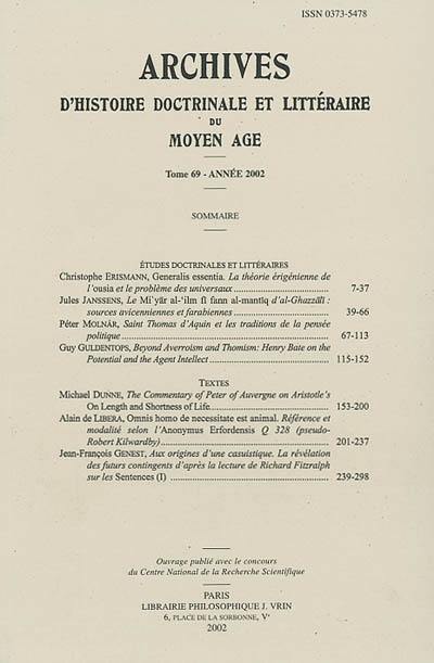 Archives d'histoire doctrinale et littéraire du Moyen Age, n° 69
