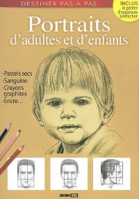 Portraits d'adultes et d'enfants : pastels secs, sanguine, crayons graphites, encre...