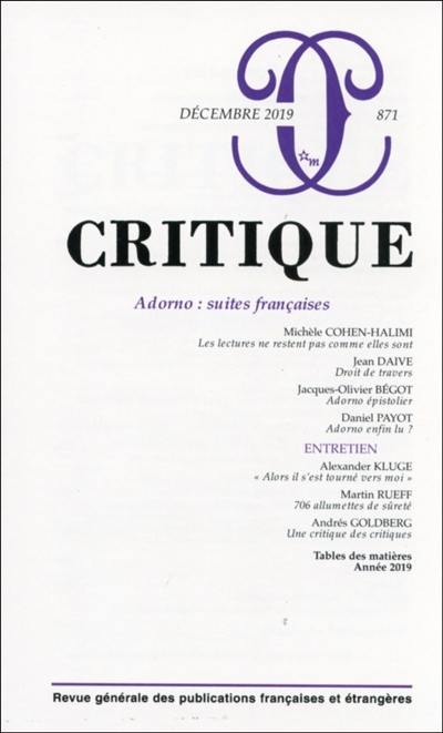 Critique, n° 871. Adorno : suites françaises