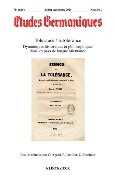 Etudes germaniques, n° 3 (2020). Tolérance-intolérance : dynamiques historiques et philosophiques dans les pays de langue allemande