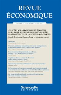Revue économique, n° 74-3. Avancées de la recherche en économie de la santé à l'occasion des 43e Journées des économistes de la santé français (JESF)