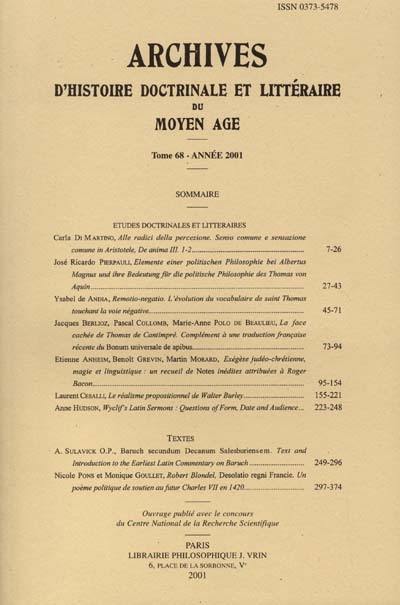 Archives d'histoire doctrinale et littéraire du Moyen Age, n° 68