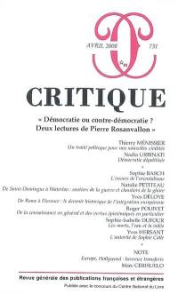 Critique, n° 731. Démocratie ou contre-démocratie ? : deux lectures de Pierre Rosanvallon