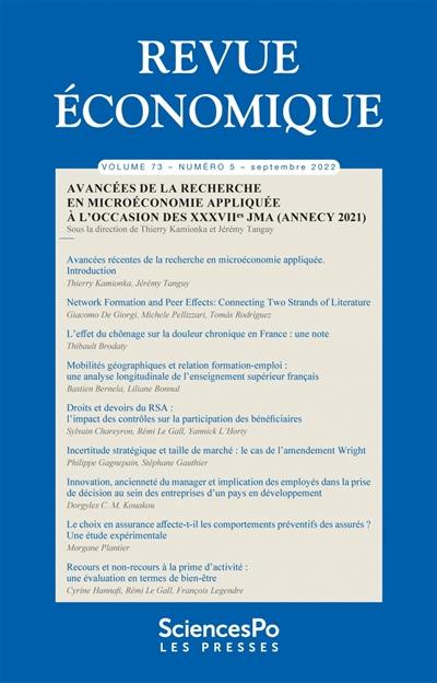 Revue économique, n° 73-5. Avancées de la recherche en microéconomie appliquée à l'occasion des XXXVIIes JMA (Annecy 2021)