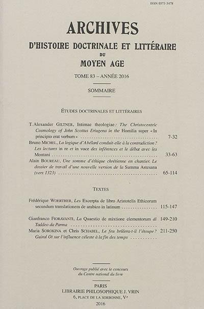 Archives d'histoire doctrinale et littéraire du Moyen Age. Vol. 83
