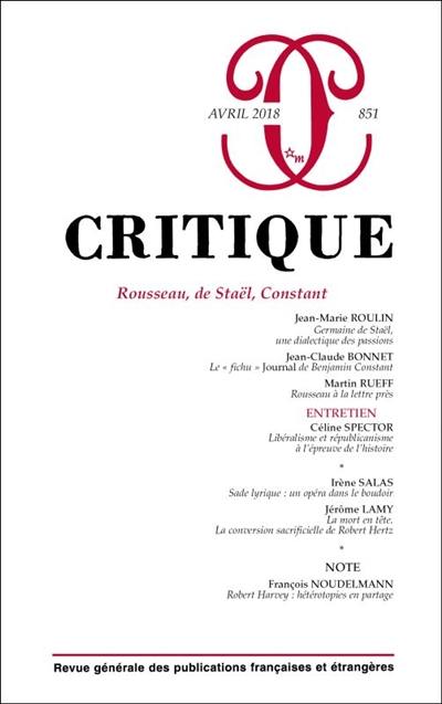 Critique, n° 851. Rousseau, de Staël, Constant
