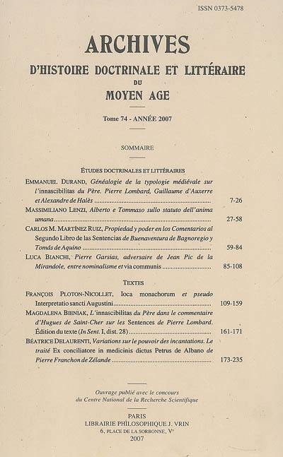Archives d'histoire doctrinale et littéraire du Moyen Age, n° 74