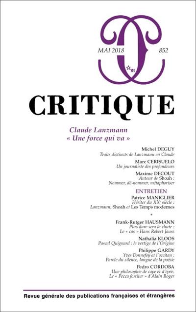 Critique, n° 852. Claude Lanzmann : une force qui va