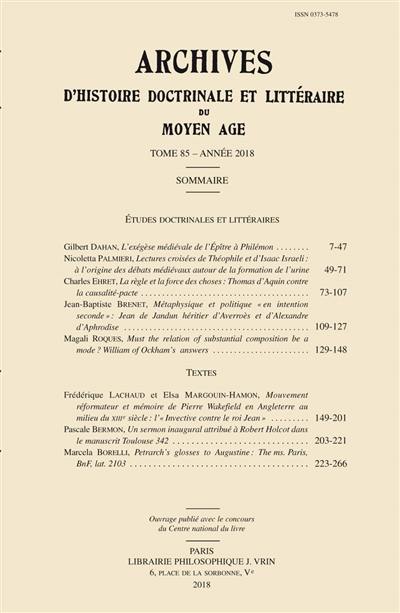 Archives d'histoire doctrinale et littéraire du Moyen Age, n° 85