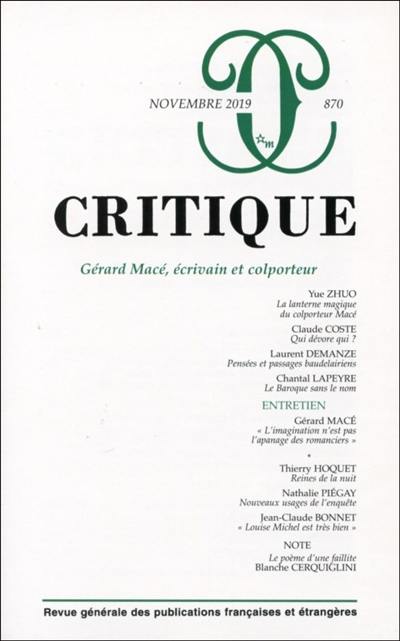 Critique, n° 870. Gérard Macé, écrivain et colporteur
